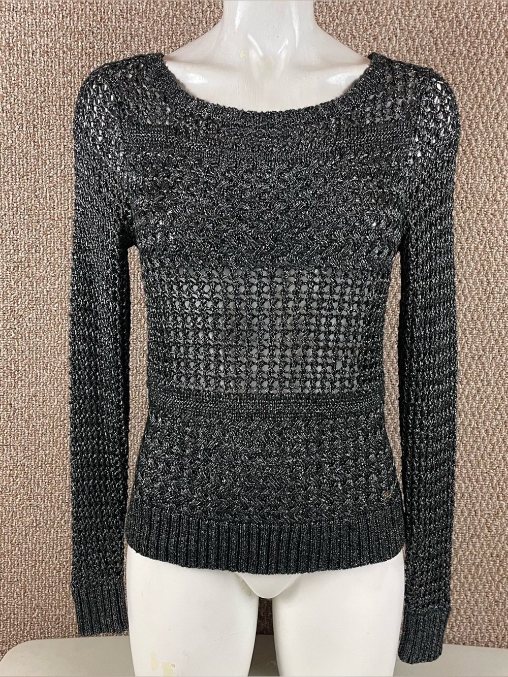 Harley Davidson Sweater Women's M Black Metallic Logo Open Knit Goth Grunge T733